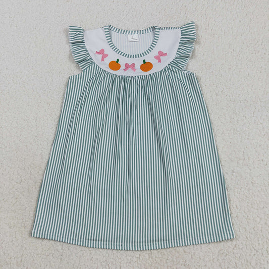 Embroidery Baby Girls Green Stripe Bows Pumpkins Fall Knee Length Dresses