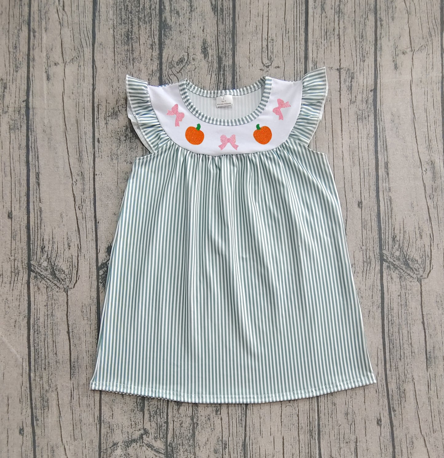 Embroidery Baby Girls Green Stripe Bows Pumpkins Fall Knee Length Dresses