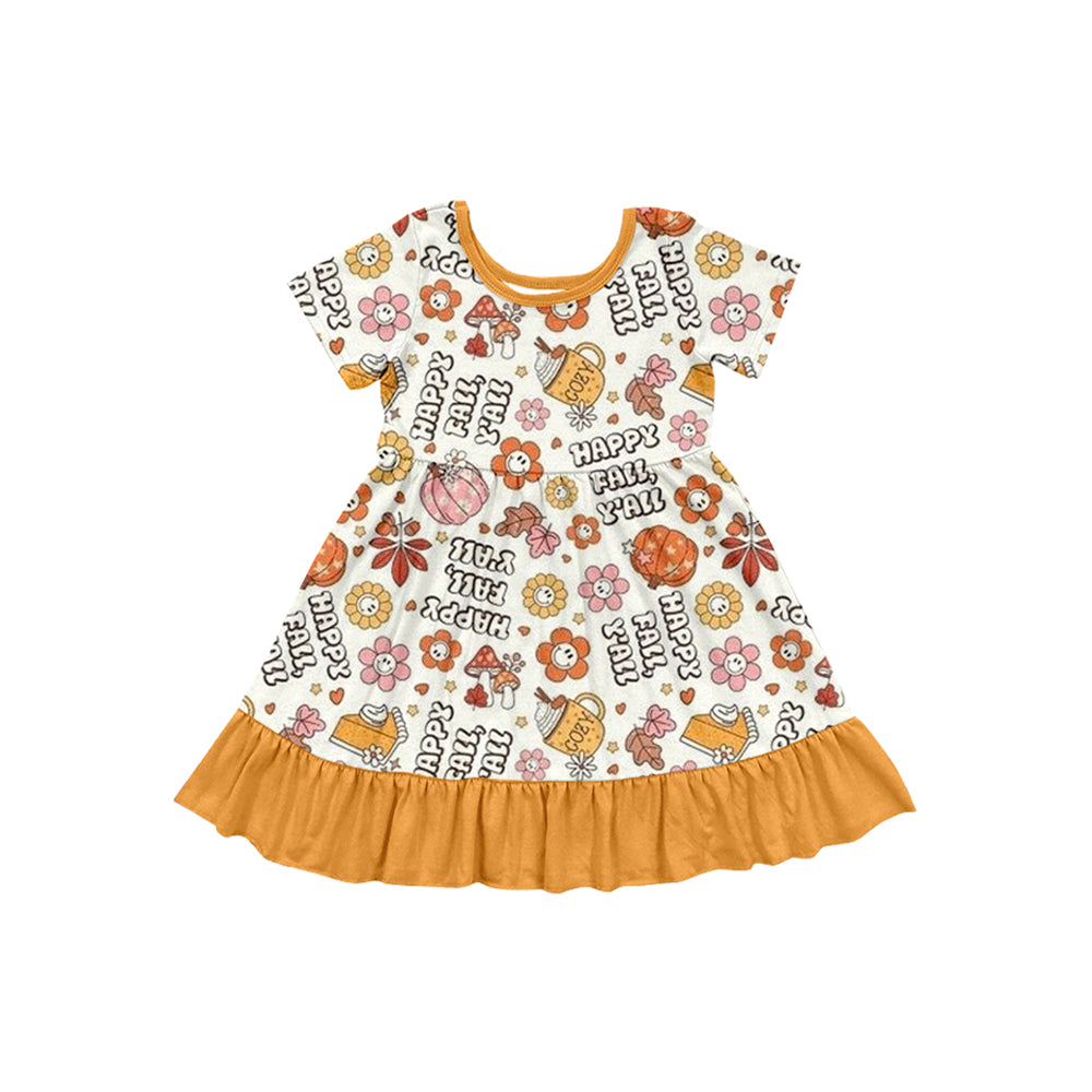 Baby Girls Short Sleeves Happy Fall Pumpkins Ruffle Knee Length Dress Preorder
