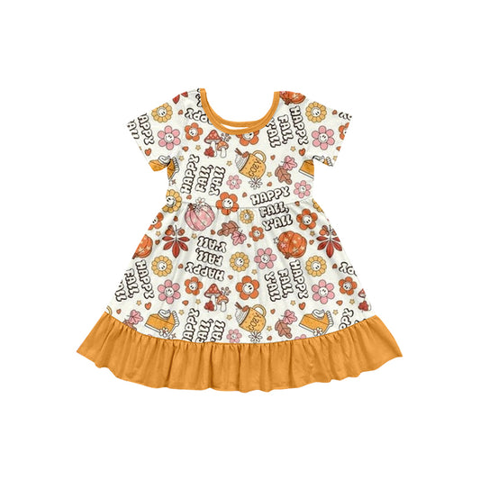 Baby Girls Short Sleeves Happy Fall Pumpkins Ruffle Knee Length Dress Preorder