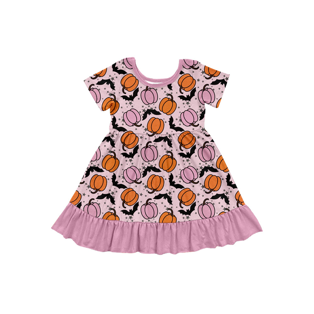Baby Girls Short Sleeves Pumpkins Bats Ruffle Knee Length Dresses Preorder
