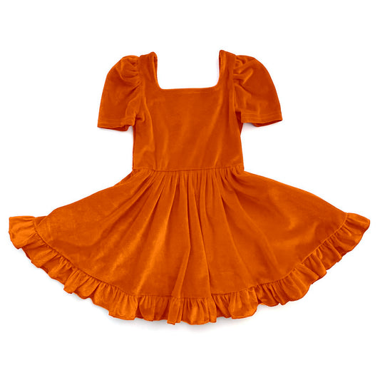 Baby Girls Orange Short Sleeves Velvet Ruffle Knee Length Dresses Preorder