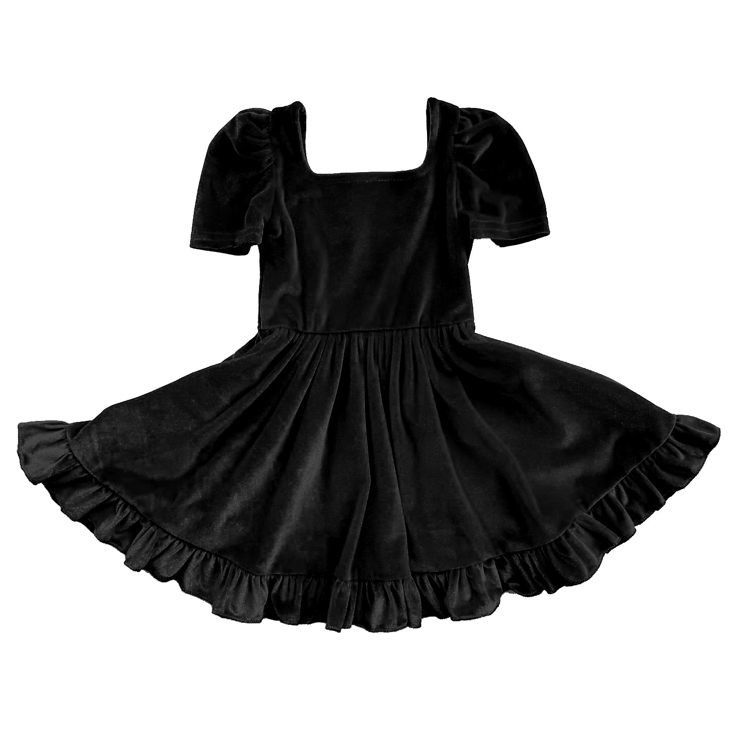 Baby Girls Black Short Sleeves Velvet Ruffle Knee Length Dresses Preorder