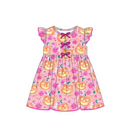 Baby Girls Pink Flutter Sleeves Floral Ghost Pumpkins Knee Length Dresses Preorder