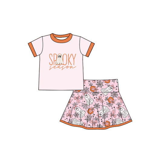 Baby Girls Peach Short Sleeves Spooky Top Ghosts Bows Plaid Skirts Set Preorder