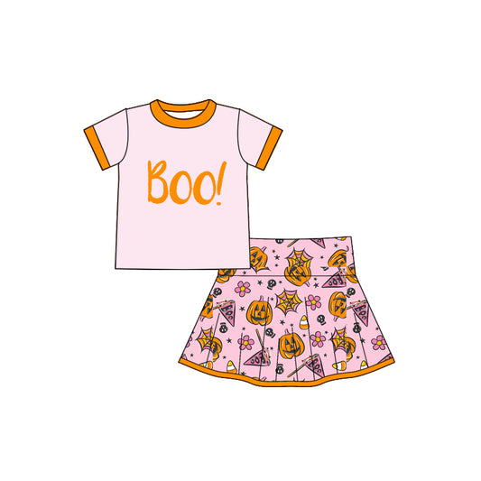 Baby Girls Peach Short Sleeves Boo Top Ghosts Pumpkins Plaid Skirts Set Preorder