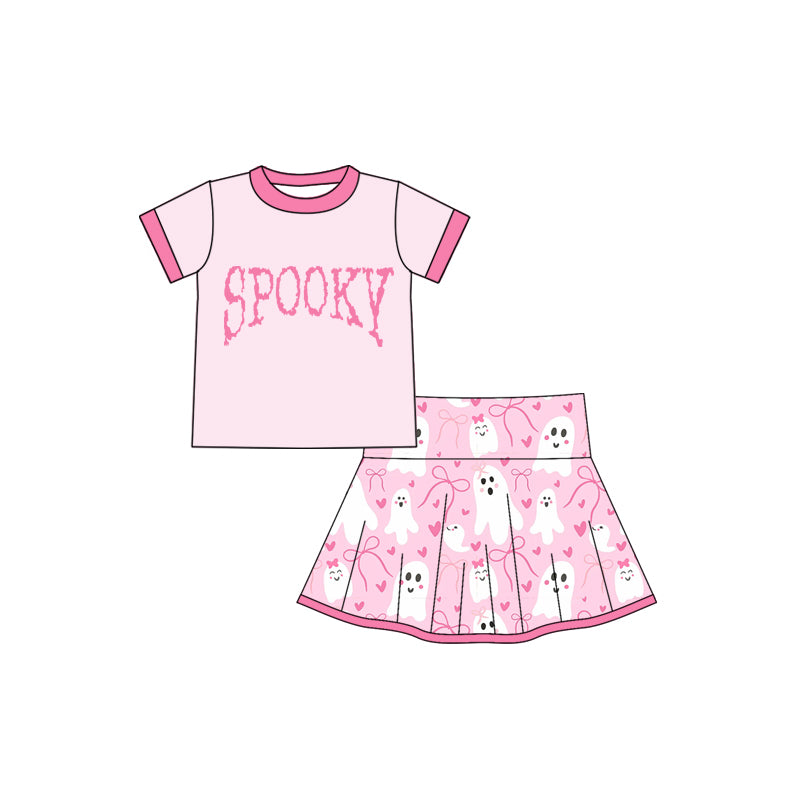 Baby Girls Pink Spooky Top Ghosts Bows Plaid Skorts Halloween Set