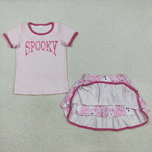 Baby Girls Pink Spooky Top Ghosts Bows Plaid Skorts Halloween Set