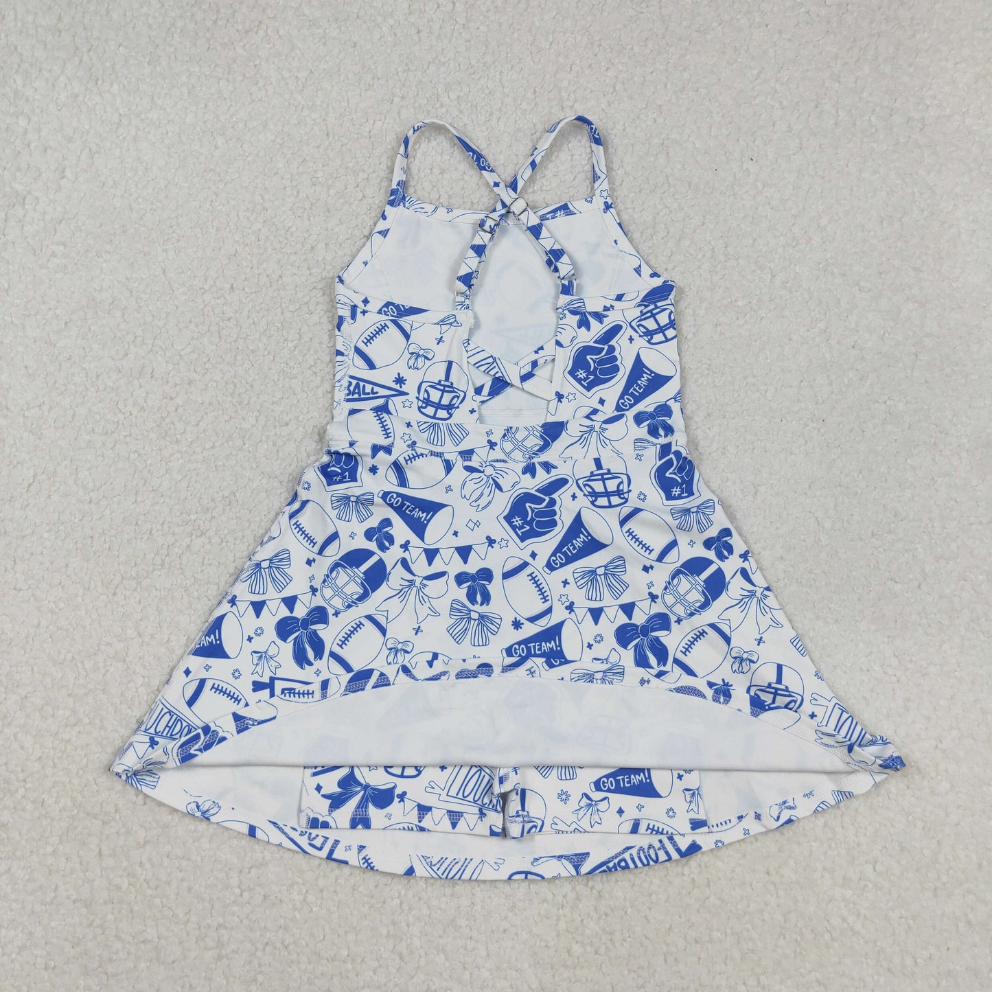 Sibling Baby Girls Blue Bows Footballs Team Shorts Yoga Clothes Set Knee Length Dresses