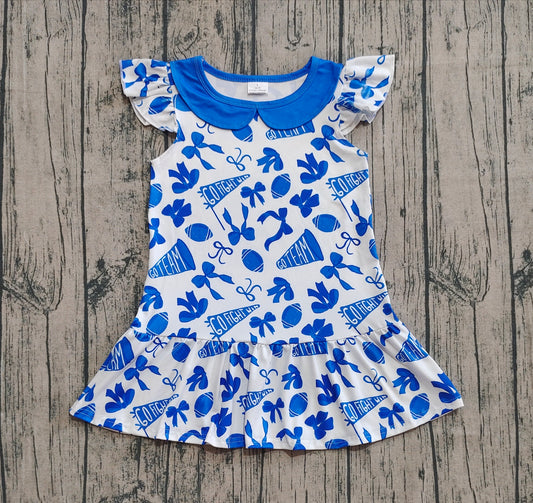 Baby Girls Flutter Sleeves Blue Cheer Bows Team Knee Length Dresses