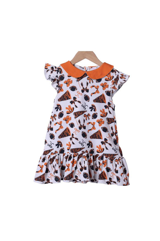 Baby Girls Orange Flutter Sleeves Cheer Bows Plaid Team Knee Length Dresses Preorder