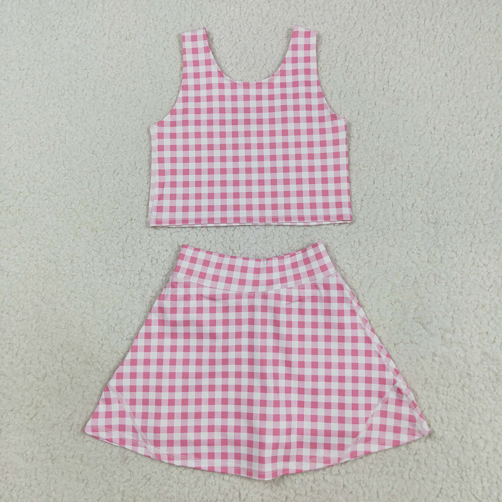 Baby Girls Sleeveless Pink Checked Vest Top Skorts Yoga Activity Set