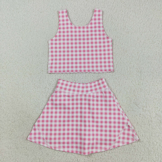 Baby Girls Sleeveless Pink Checked Vest Top Skorts Yoga Activity Set
