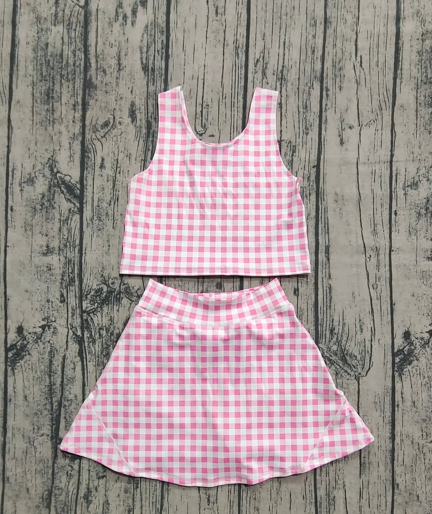 Prorder Baby Girls Summer Pink Checkered Top Skirts Clothes Sets