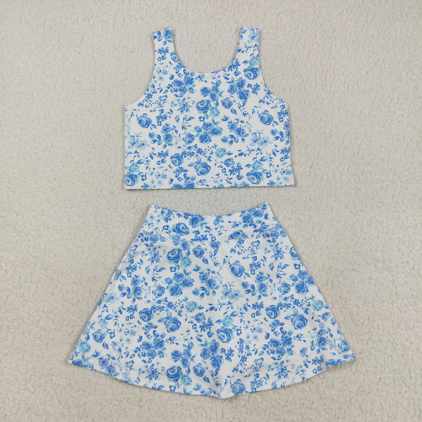 Baby Girls Blue Flowers Print Vest Top Shorts Skirts Yoga Activity Set
