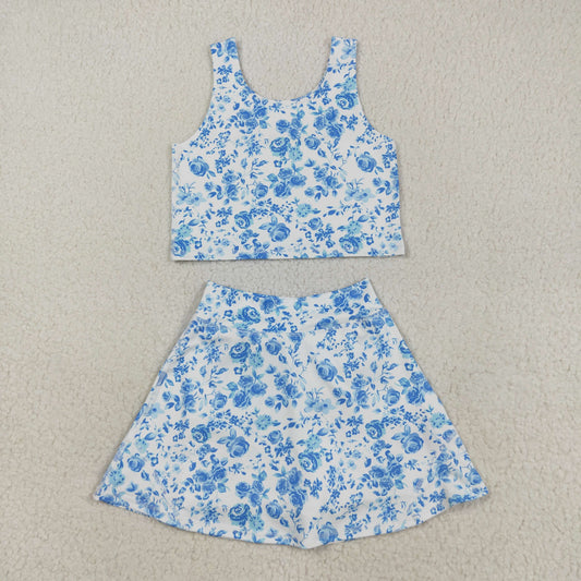 Baby Girls Blue Flowers Print Vest Top Shorts Skirts Yoga Activity Set