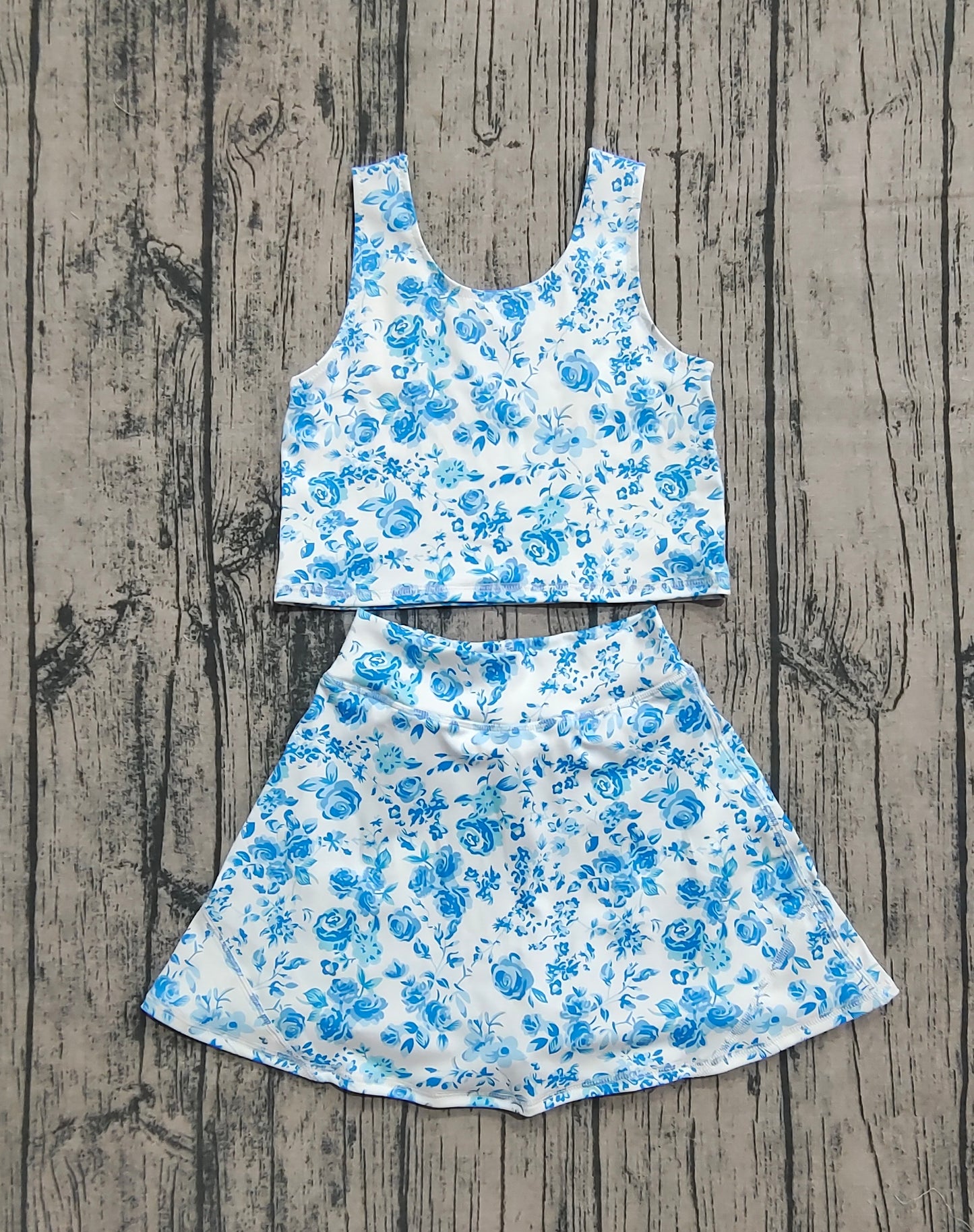 Preorder Baby Girls Summer Blue Flowers Top Skirts Active Wear Clothes Sets