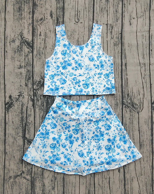 Preorder Baby Girls Summer Blue Flowers Top Skirts Active Wear Clothes Sets