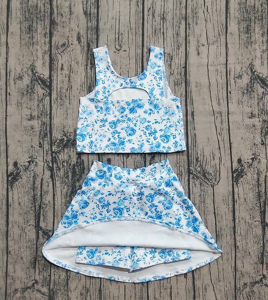 Preorder Baby Girls Summer Blue Flowers Top Skirts Active Wear Clothes Sets