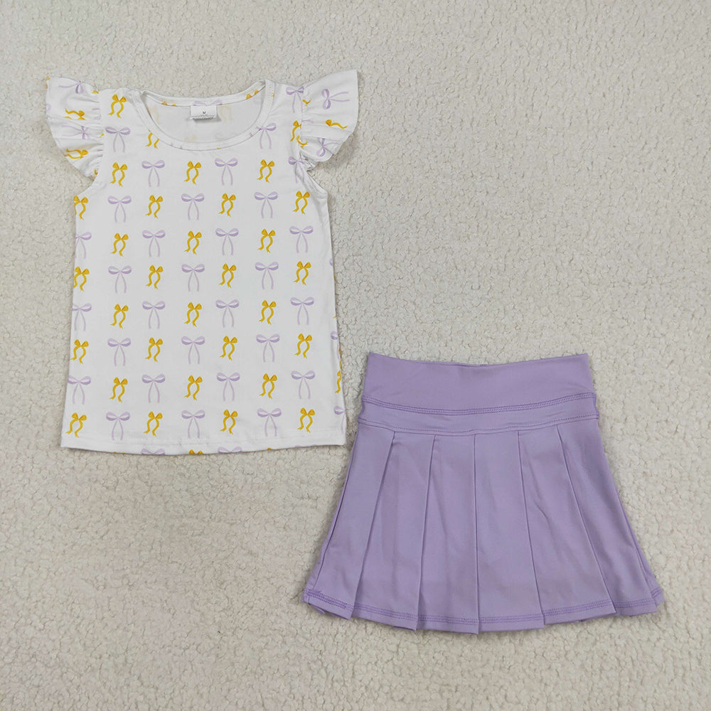 Baby Girls Yellow Lavender Bows Plaid Flutter Sleeves Top Yoga Skort Active Sets
