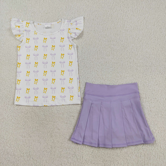 Baby Girls Yellow Lavender Bows Plaid Flutter Sleeves Top Yoga Skort Active Sets