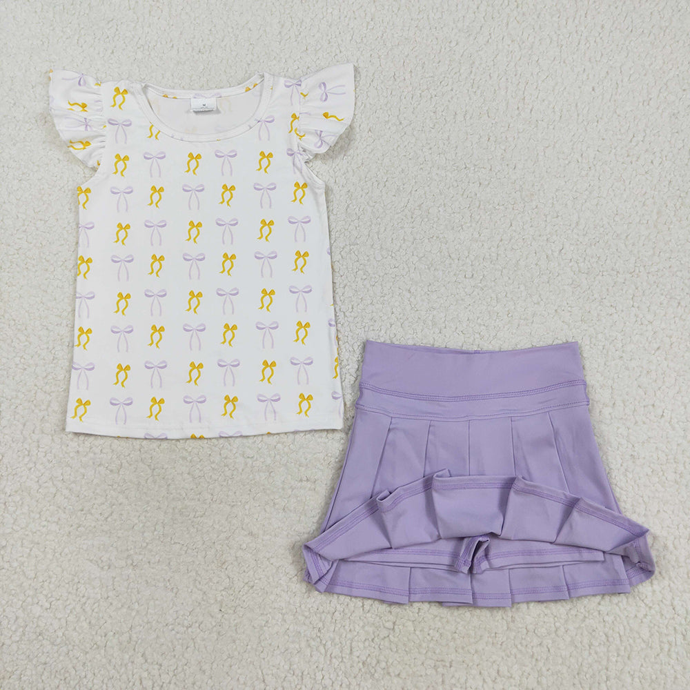 Baby Girls Yellow Lavender Bows Plaid Flutter Sleeves Top Yoga Skort Active Sets