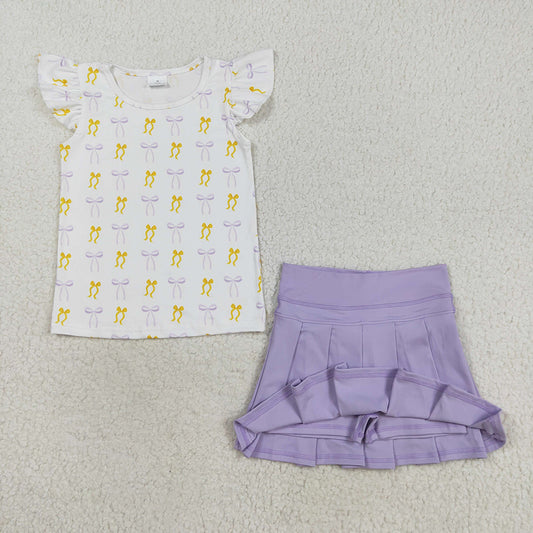 Baby Girls Yellow Lavender Bows Plaid Flutter Sleeves Top Yoga Skort Active Sets