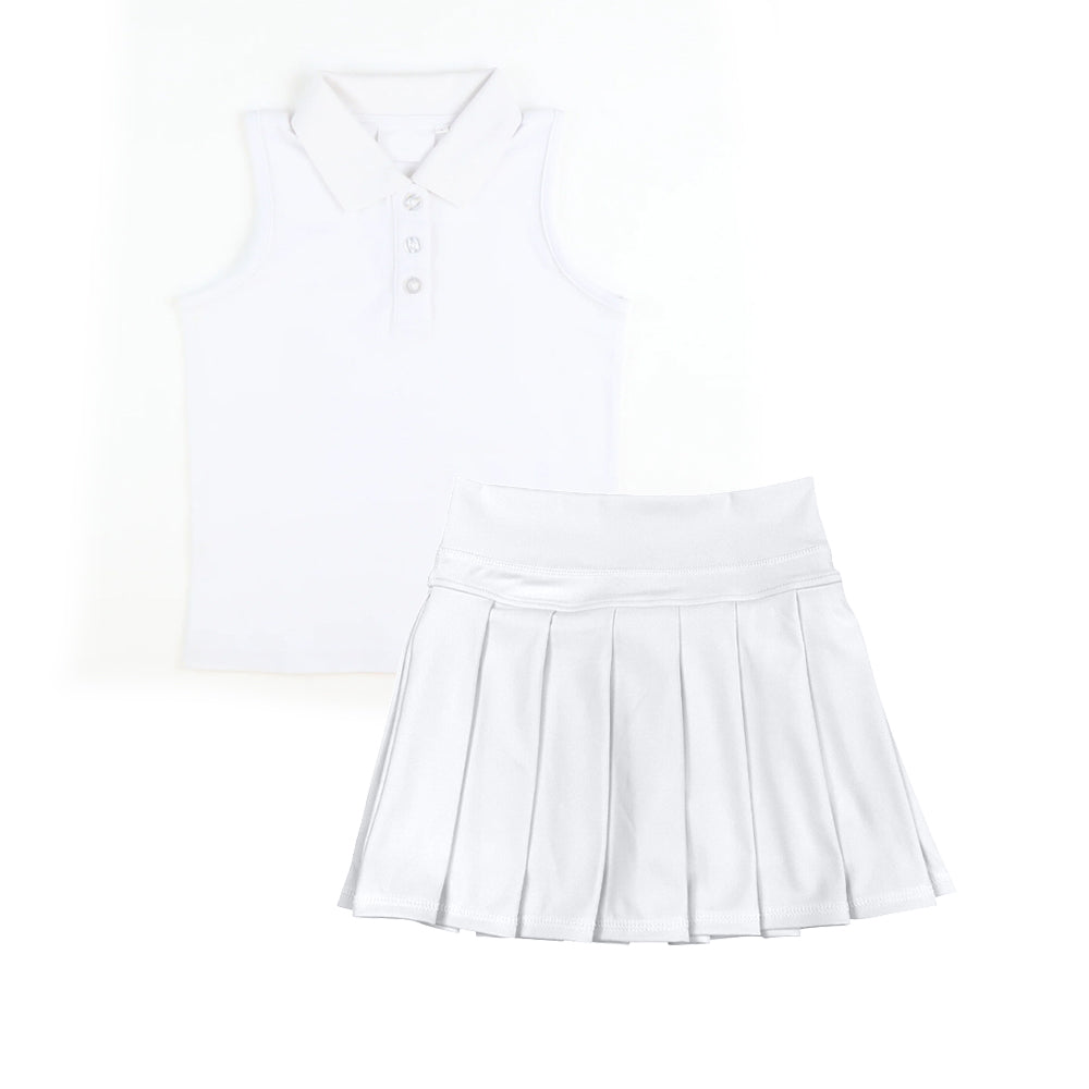Baby Girls White Sleeveless Button Top Pleated Skorts Yoga Set Preorder