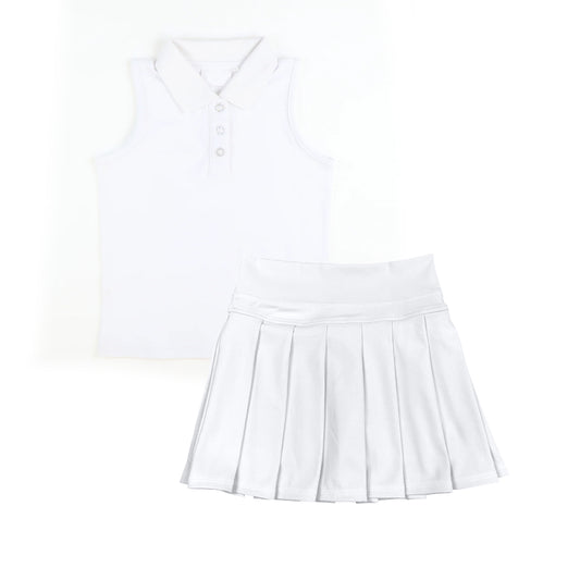 Baby Girls White Sleeveless Button Top Pleated Skorts Yoga Set Preorder