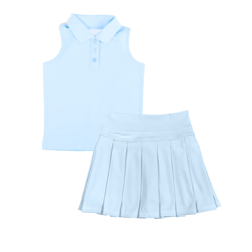 Baby Girls Light Blue Sleeveless Button Top Pleated Skorts Yoga Set Preorder