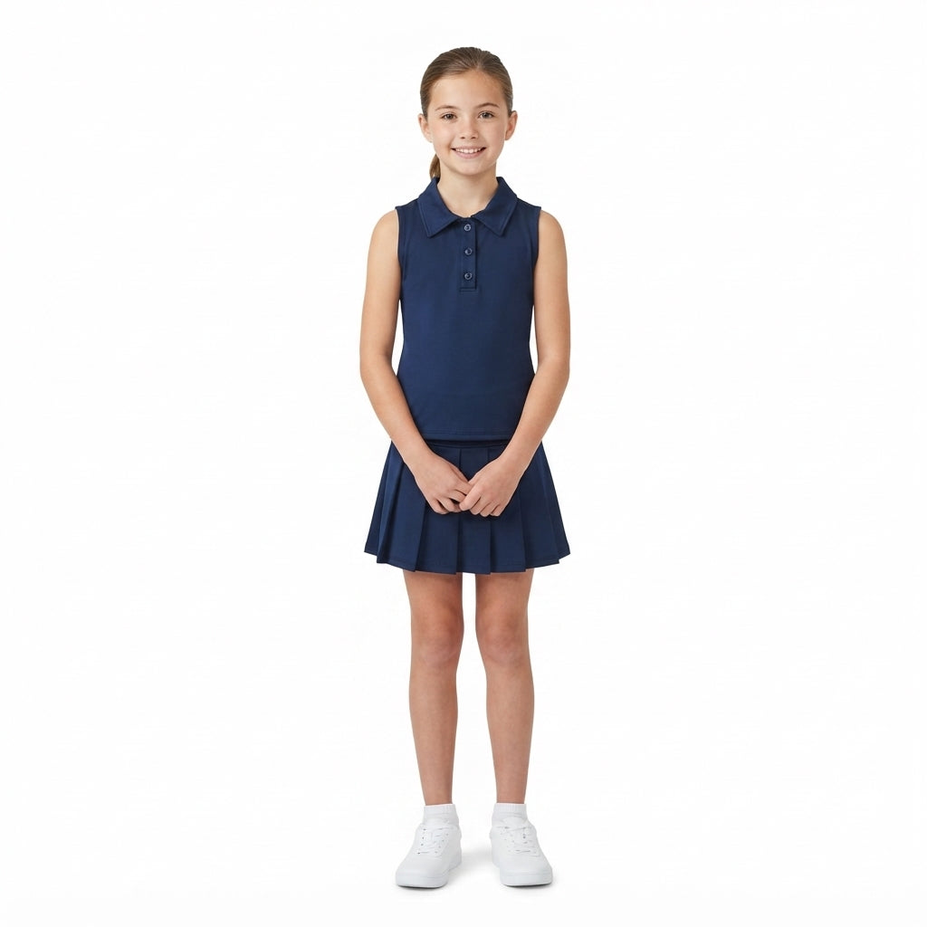 Baby Girls Navy Sleeveless Button Vest Top Pleated Skirt Shorts Yoga Active Clothes Set
