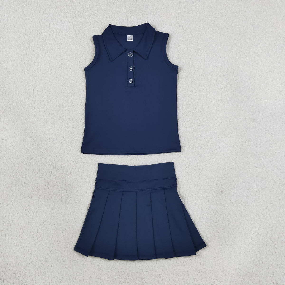 Baby Girls Navy Sleeveless Button Vest Top Pleated Skirt Shorts Yoga Active Clothes Set