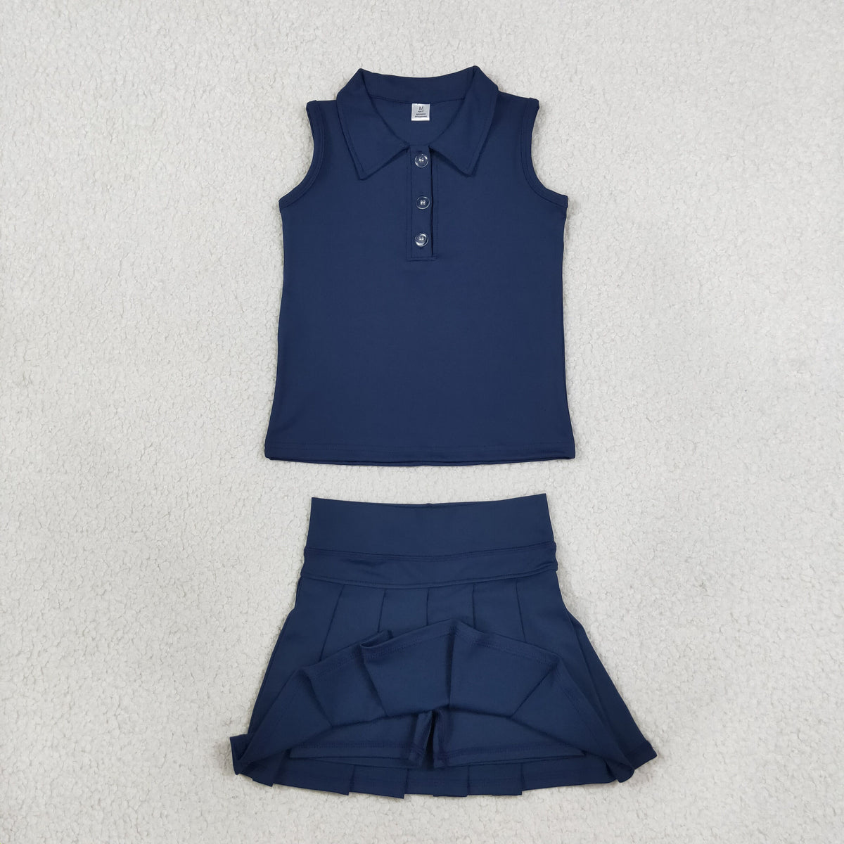 Baby Girls Navy Sleeveless Button Vest Top Pleated Skirt Shorts Yoga Active Clothes Set