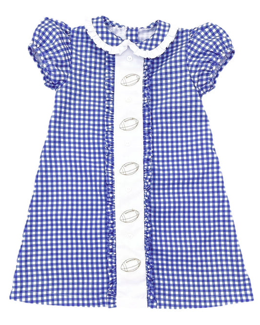 Baby Girls Blue Plaid Footballs Button Team Knee Length Dresses Preorder