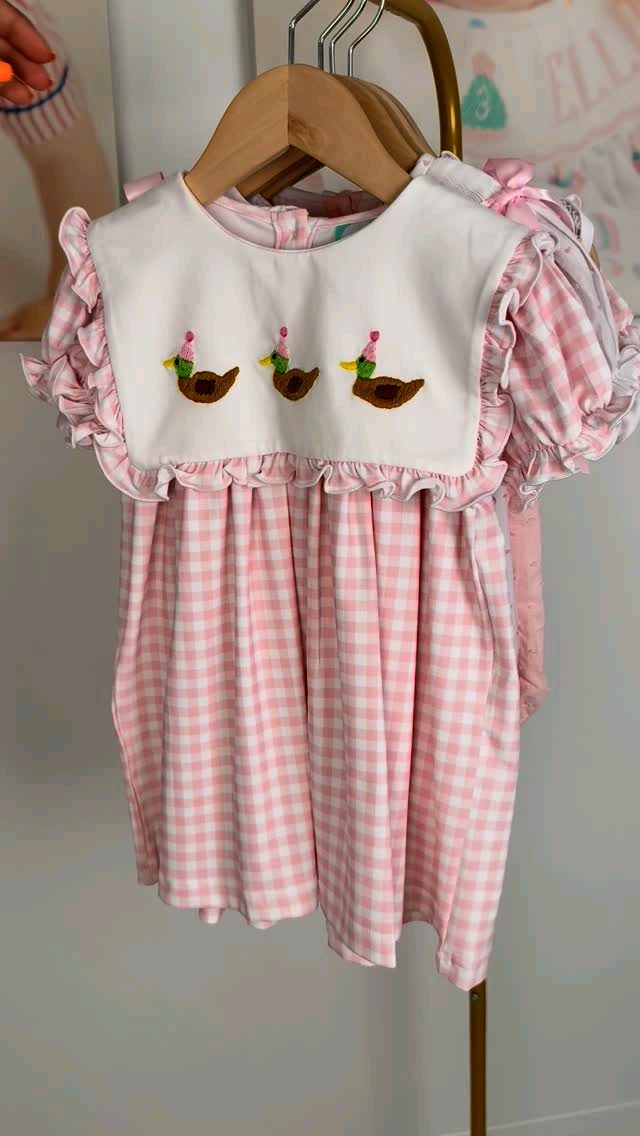 Baby Girls Pink Plaid Ducks Back Button Knee Length Dresses Preorder