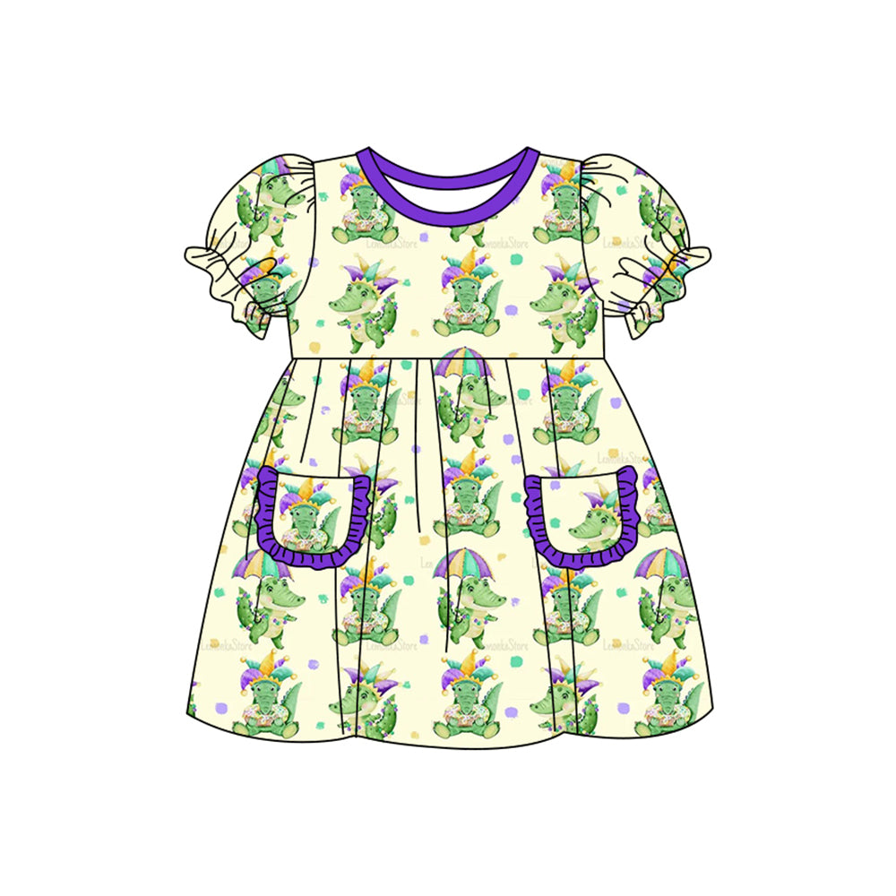 Baby Girls Short Sleeve Dinosaurs Pockets Mardi Gras Knee Length Dresses Preorder
