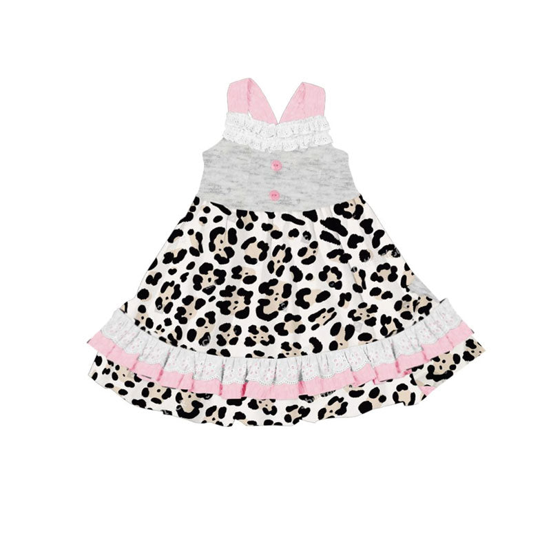 Baby Girls Strap Leopard Button Easter Ruffle Knee Length Dresses Preorder