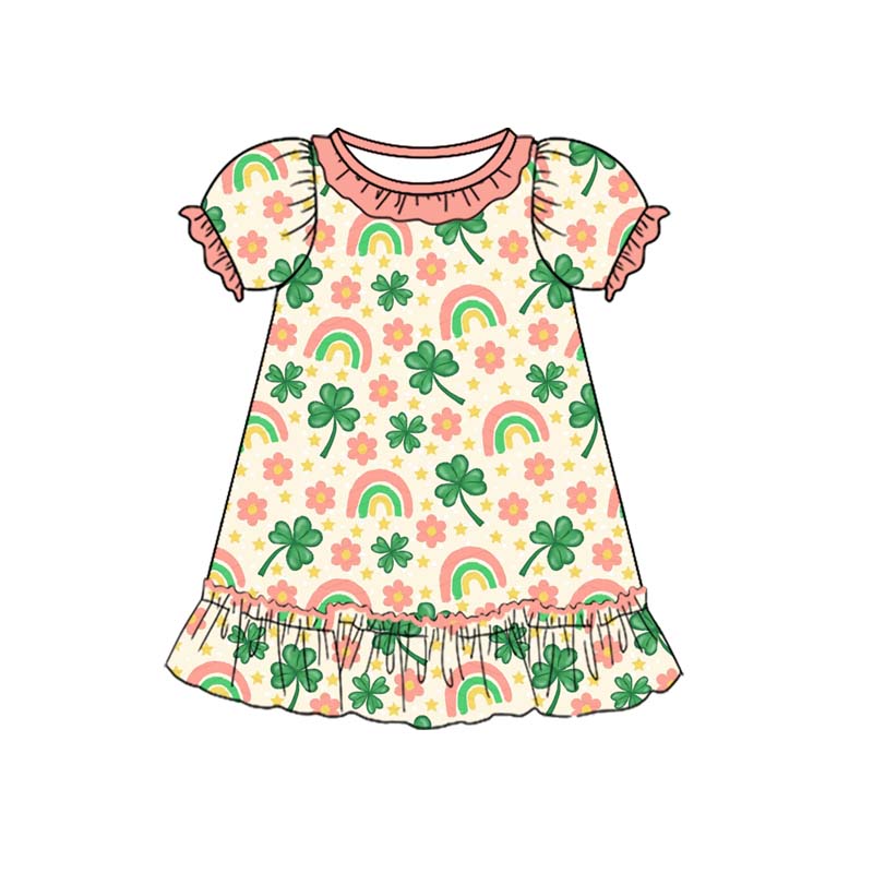 Baby Girls Flowers Clovers Ruffle Sleeve St Patrick Knee Length Dresses Preorder