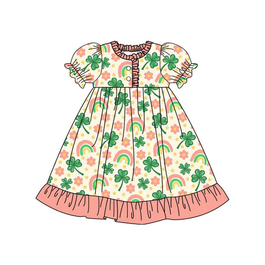 Baby Girls Flowers Clovers Button Ruffle Sleeve St Patrick Knee Length Dresses Preorder