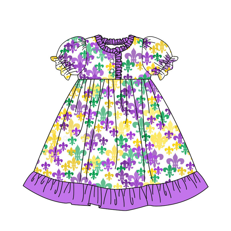 Baby Girls Anchors Checked Button Ruffle Mardigras Knee Length Dresses Preorder