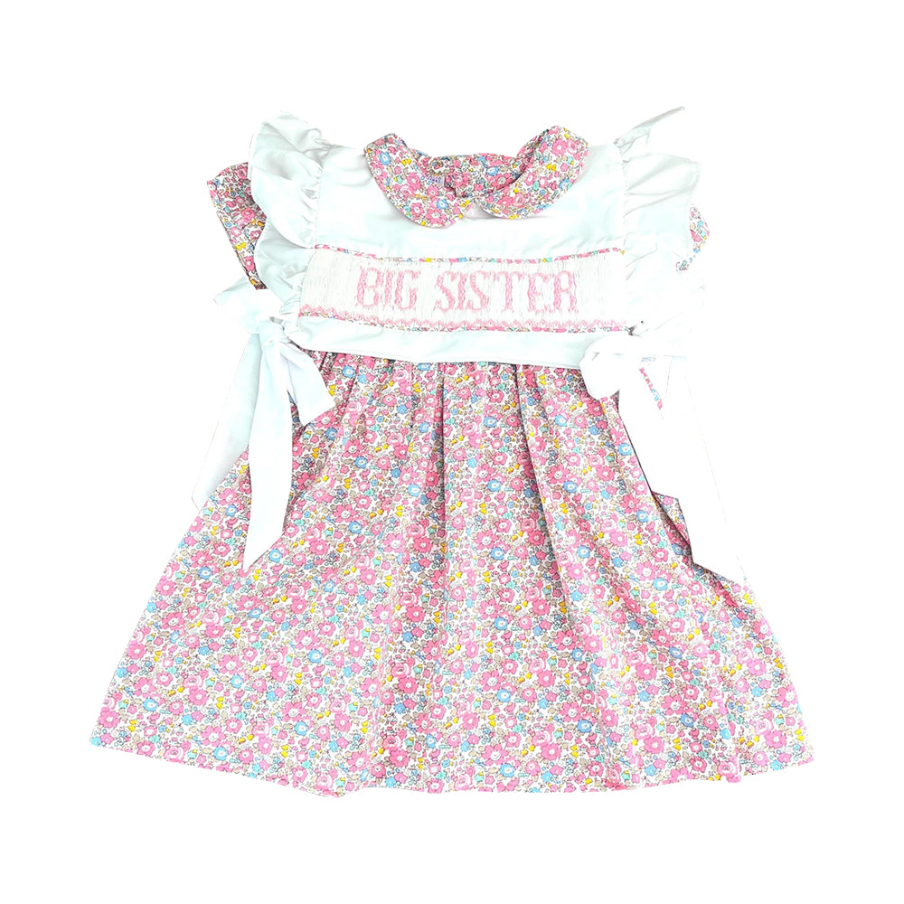 Baby Girls Pink Flowers Big Sister Bows Knee Length Dresses Preorder