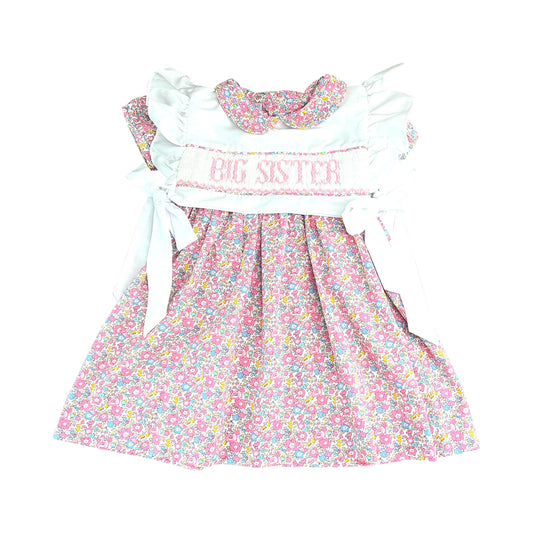 Baby Girls Pink Flowers Big Sister Bows Knee Length Dresses Preorder