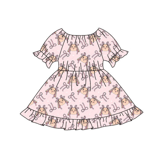Baby Girls Pink Bows Rabbits Easter Ruffle Knee Length Dresses Preorder