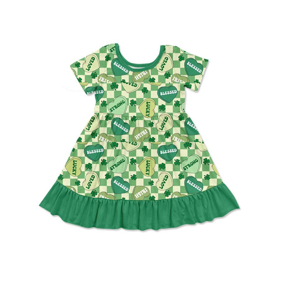 Baby Girls Green Checked Clovers Hearts St Patrick Ruffle Knee Length Dresses Preorder