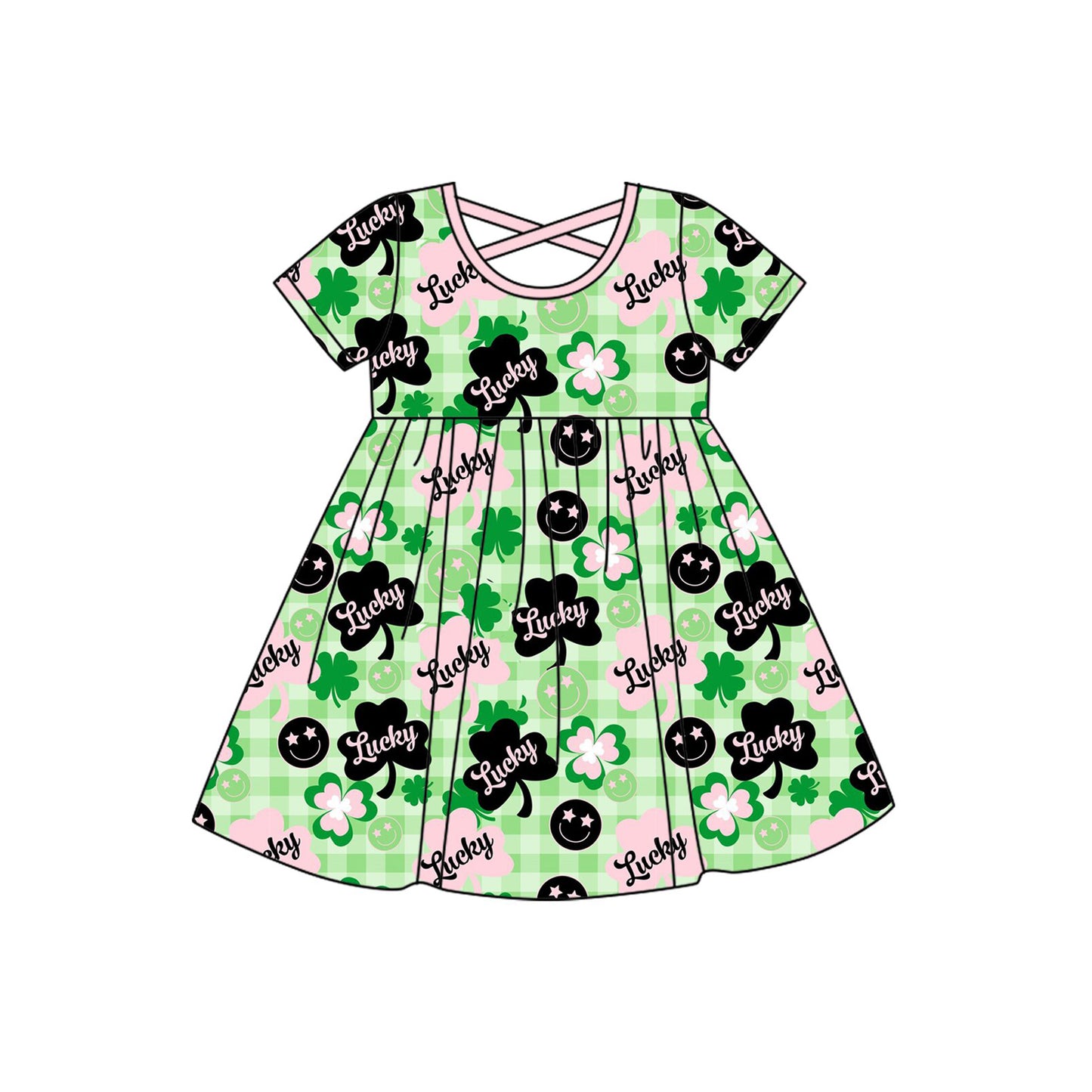 Baby Girls Green Checked Clovers Lucky St Patrick Knee Length Dresses Preorder