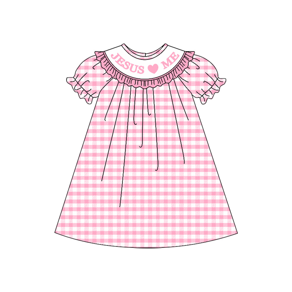 Baby Girls Pink Checked Jesus Love Me Knee Length Dresses Preorder