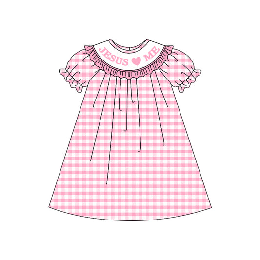 Baby Girls Pink Checked Jesus Love Me Knee Length Dresses Preorder