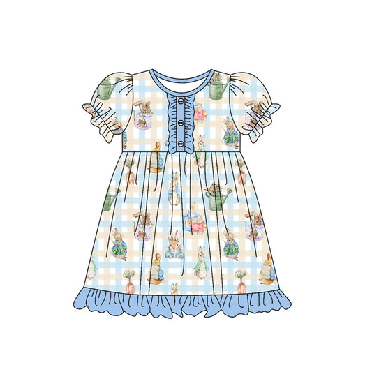 Baby Girls Blue Checked Rabbits Easter Button Ruffle Knee Length Dresses Preorder