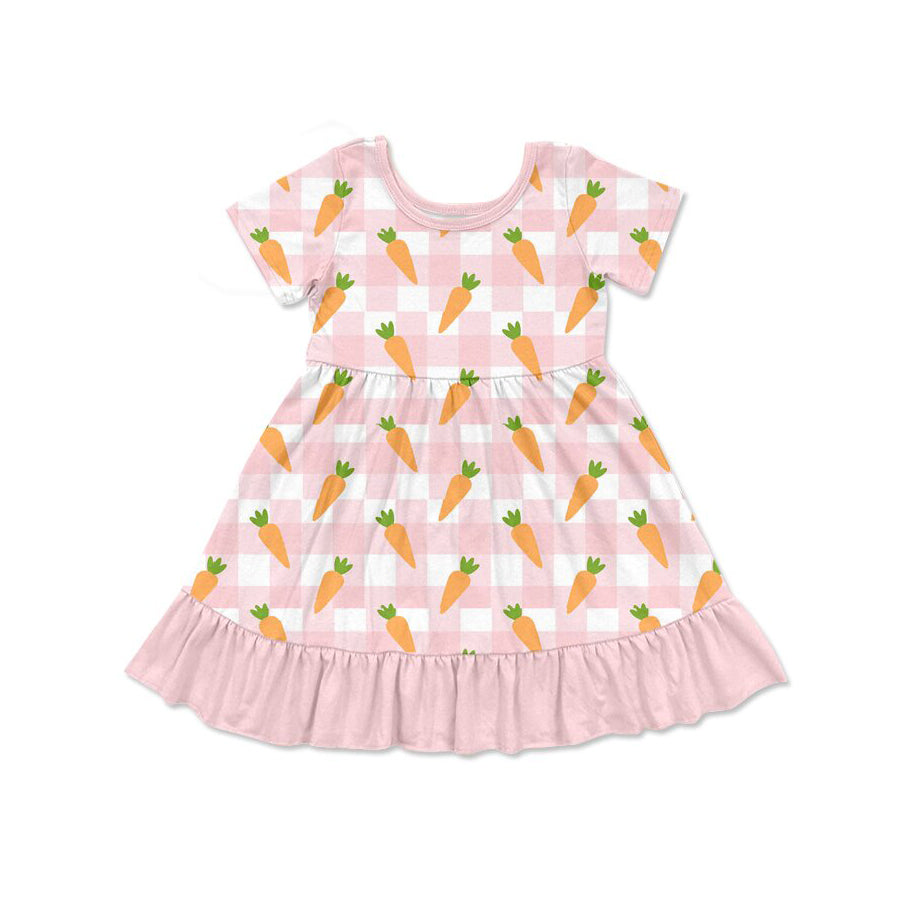 Baby Girls Pink Checked Carrots Ruffle Easter Knee Length Dresses Preorder