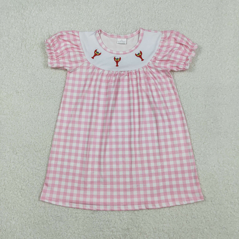 Embroidery Crayfishes Baby Girls Pink Checked Knee Length Dresses